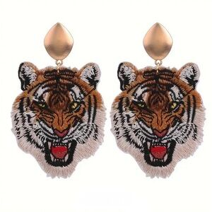 Large Tiger Embroidered Earrings Posts Statement Big Cat Animal Wild